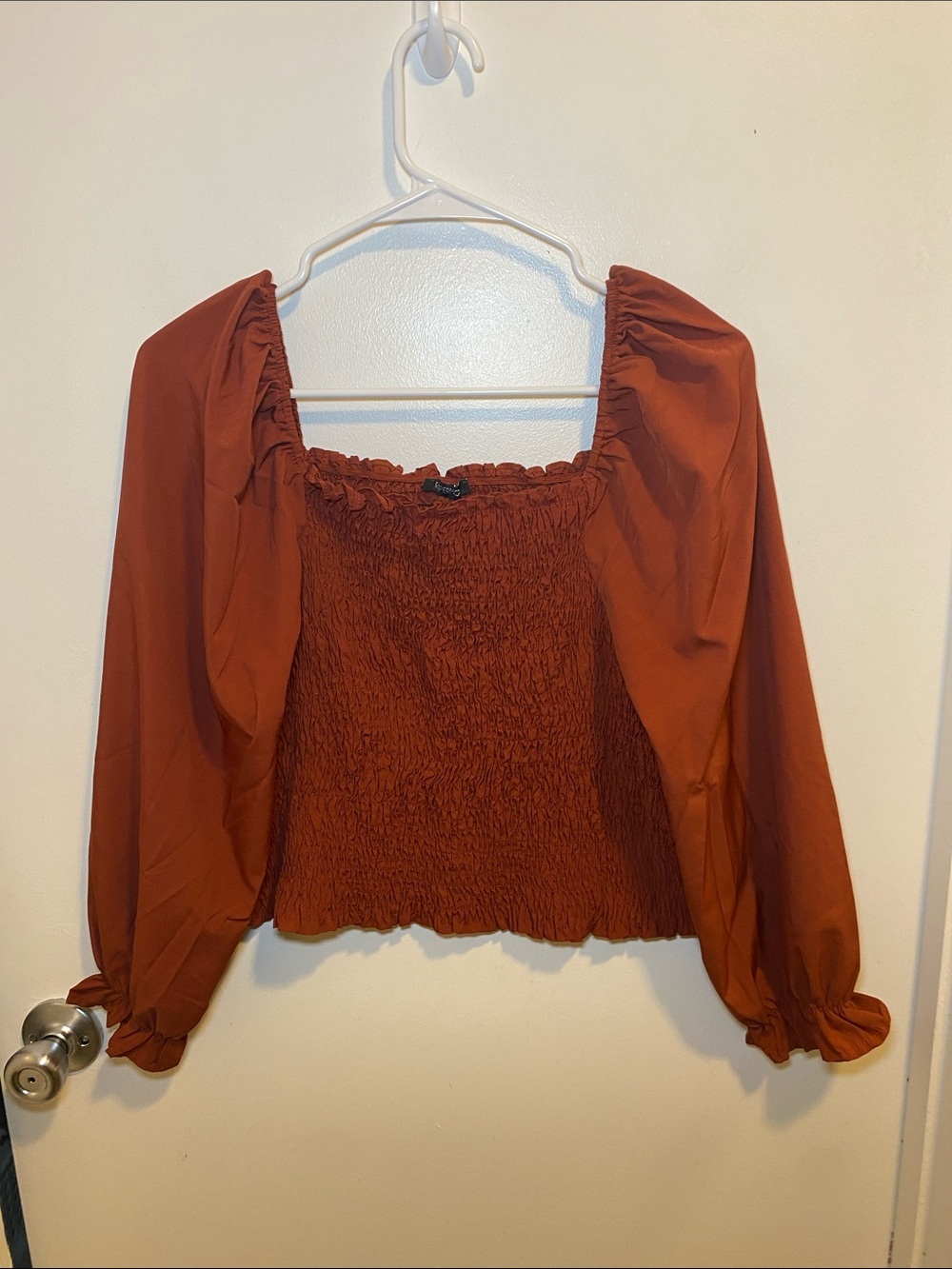 Papermoon Rust Smocked Square-Neck Puff Sleeve Top